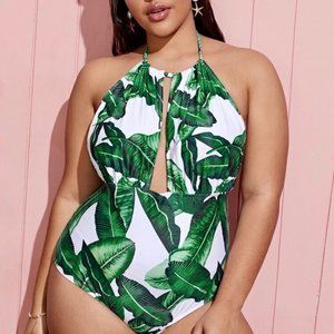 Palm Print Halter One Piece Swimsuit